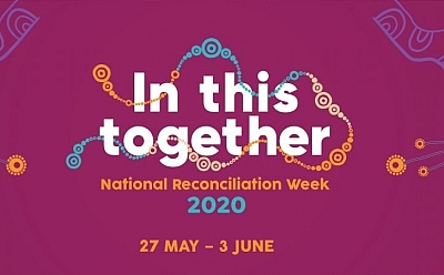 A digital graphic that reads "in this together. National Reconciliation Week 2020, 27 May - 3 June". The picture is a dark pink colour with swirling lines and dots in blue, orange and purple.