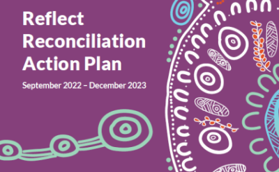 The front cover of St Bart's Reflect Reconciliation Action Plan. It is a light purple cover with Aboriginal artwork by Teresa Miller down the right side.